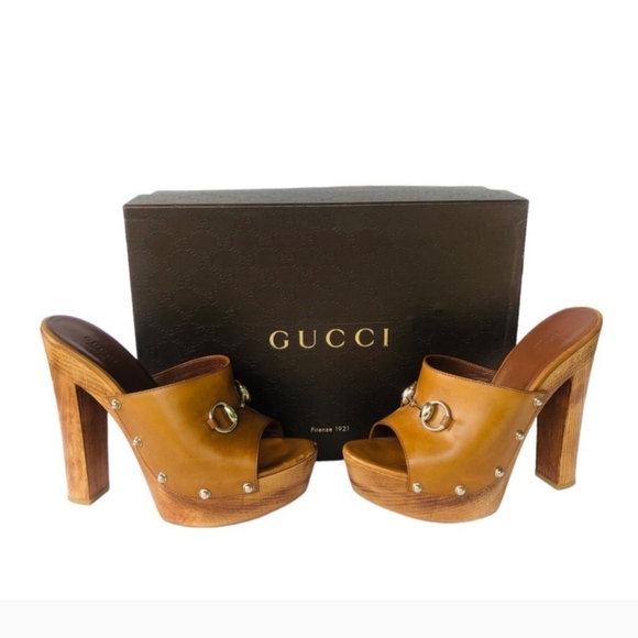 Gucci Cognac Morena Horsebit Studded Leather Clog Wooden Heel Sandal Size 8 - Picture 13 of 13